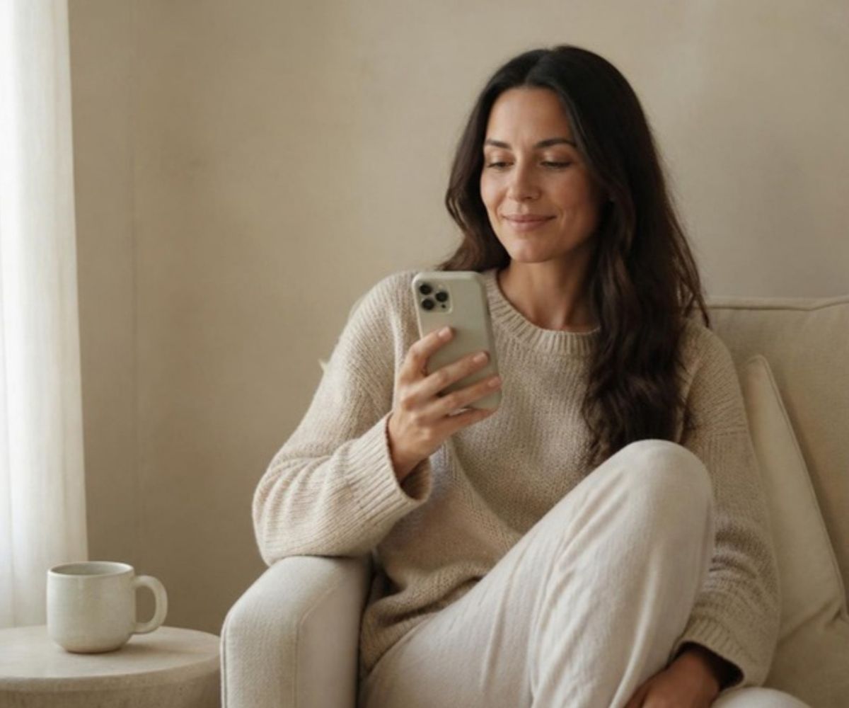 A woman reading her results on her phone at home